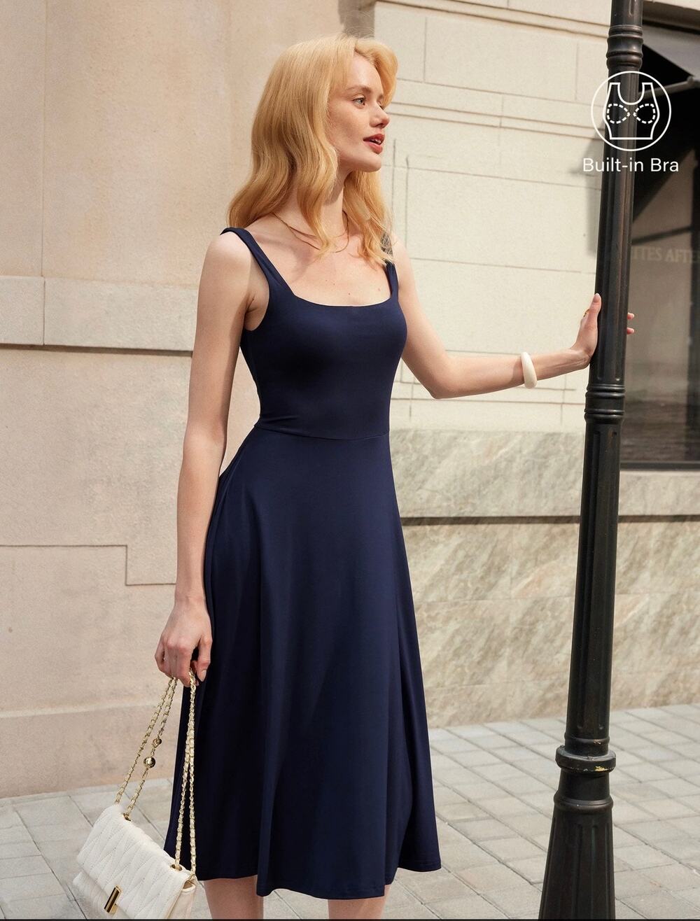 OGL Move Square Neck Flowy Midi Bra Dress Midnight Navy Blue Small NEW